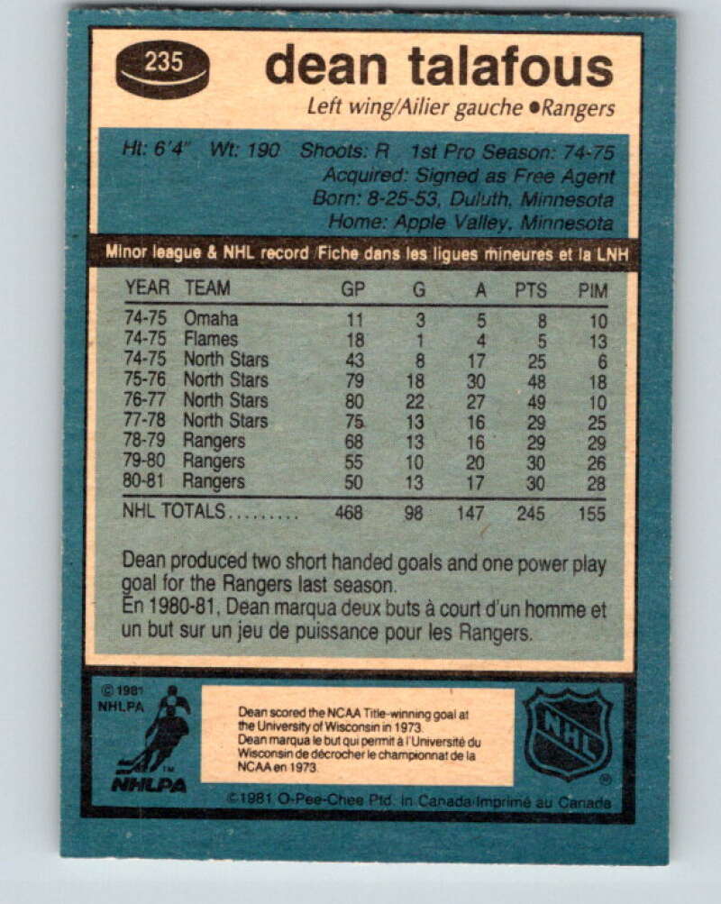 1981-82 O-Pee-Chee #235 Dean Talafous New York Rangers V31170