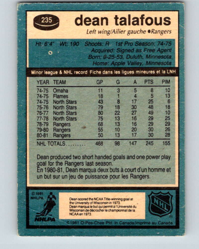 1981-82 O-Pee-Chee #235 Dean Talafous New York Rangers V31171