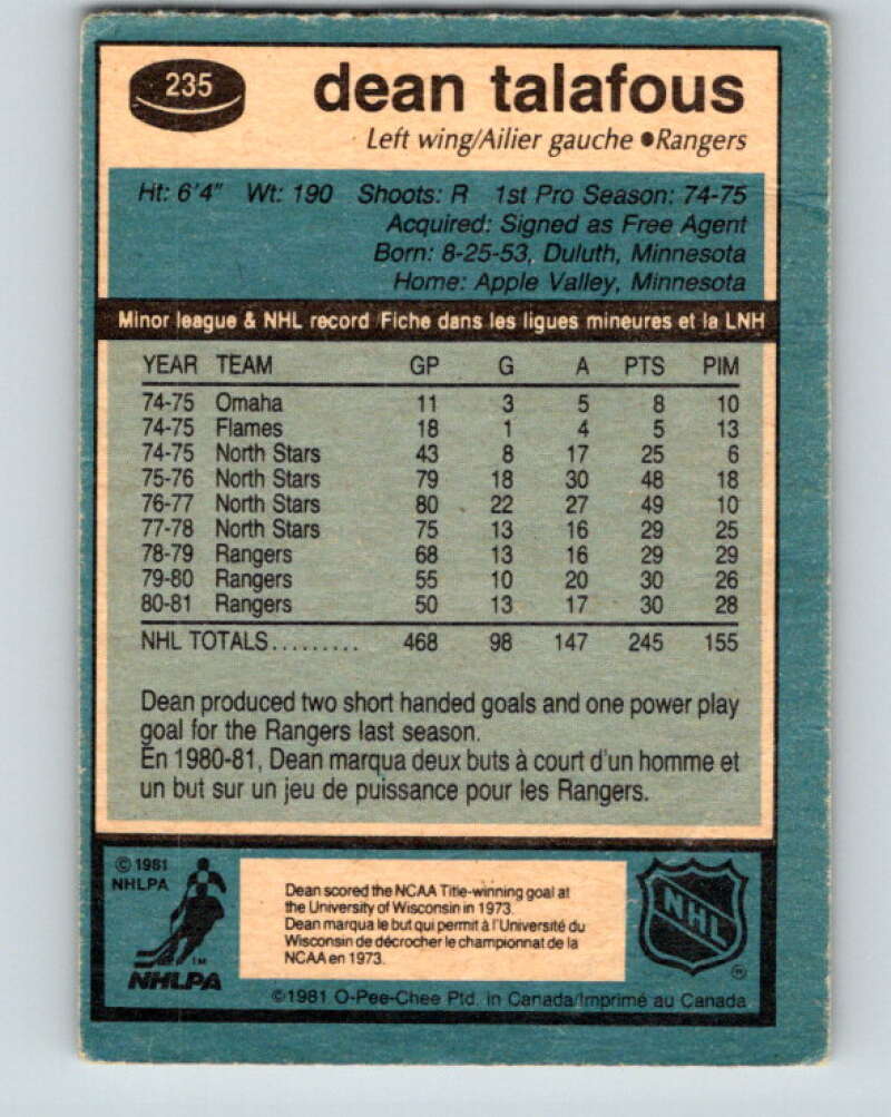 1981-82 O-Pee-Chee #235 Dean Talafous New York Rangers V31175