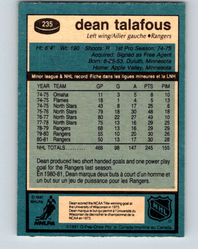 1981-82 O-Pee-Chee #235 Dean Talafous New York Rangers V31176
