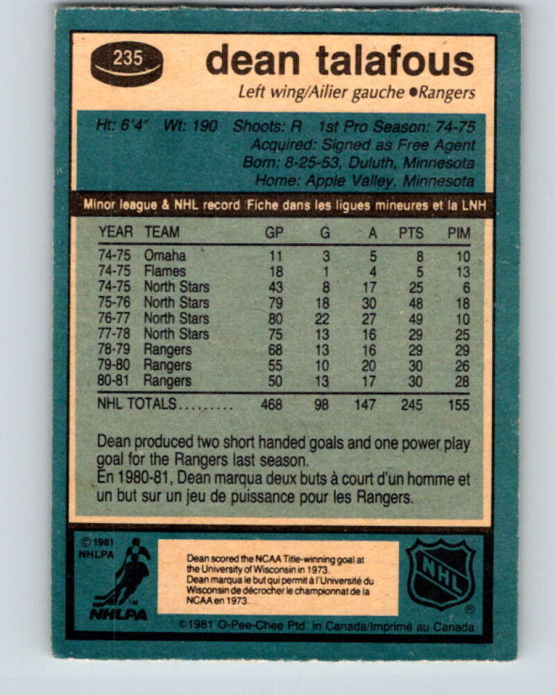 1981-82 O-Pee-Chee #235 Dean Talafous New York Rangers V31177