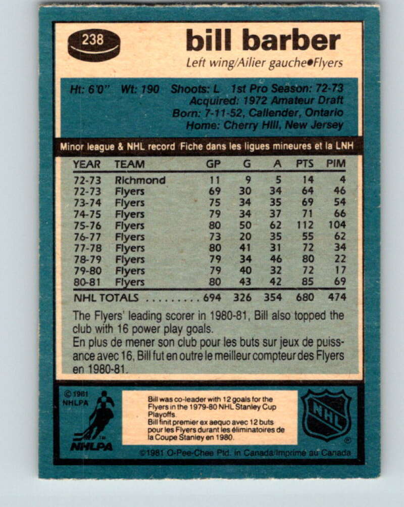 1981-82 O-Pee-Chee #238 Bill Barber Philadelphia Flyers V31200