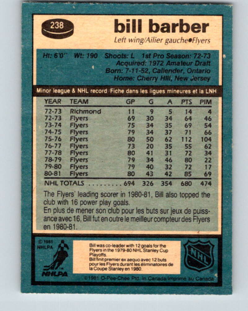1981-82 O-Pee-Chee #238 Bill Barber Philadelphia Flyers V31202