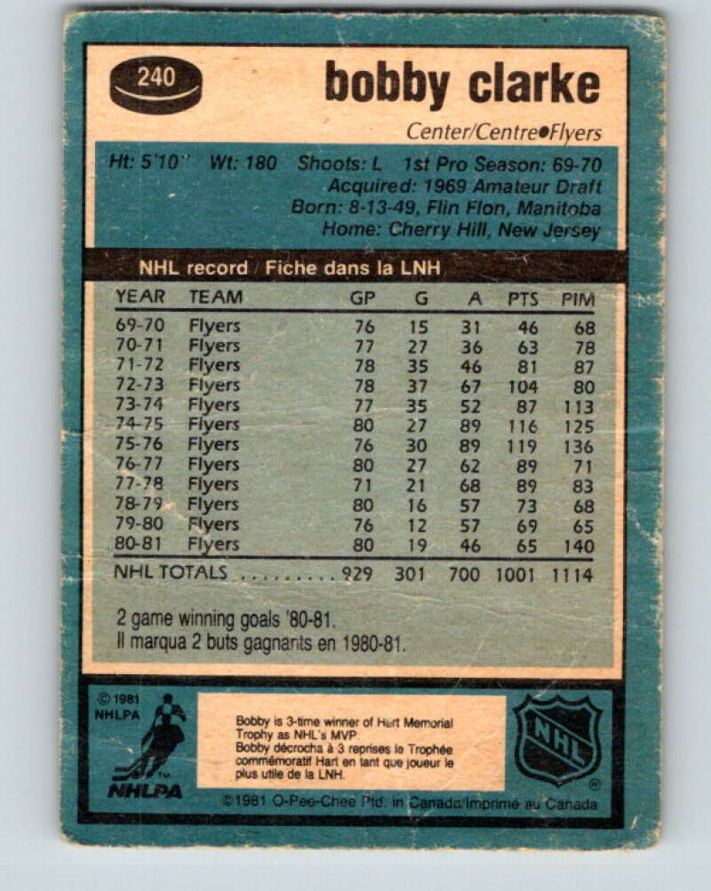 1981-82 O-Pee-Chee #240 Bobby Clarke Philadelphia Flyers V31207