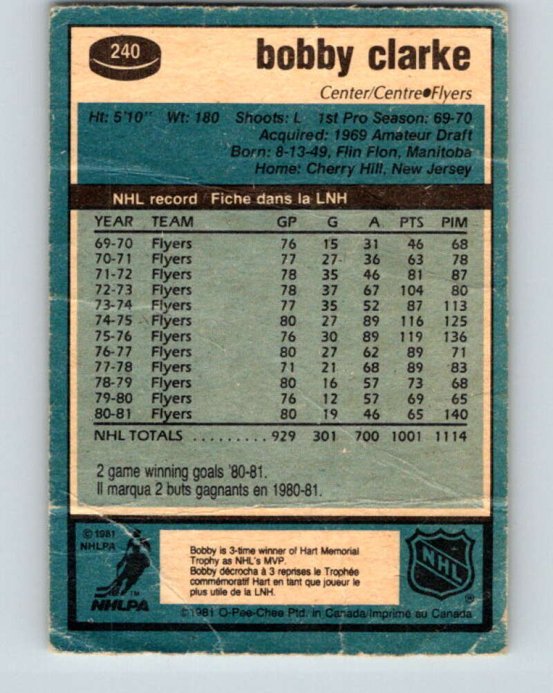 1981-82 O-Pee-Chee #240 Bobby Clarke Philadelphia Flyers V31208