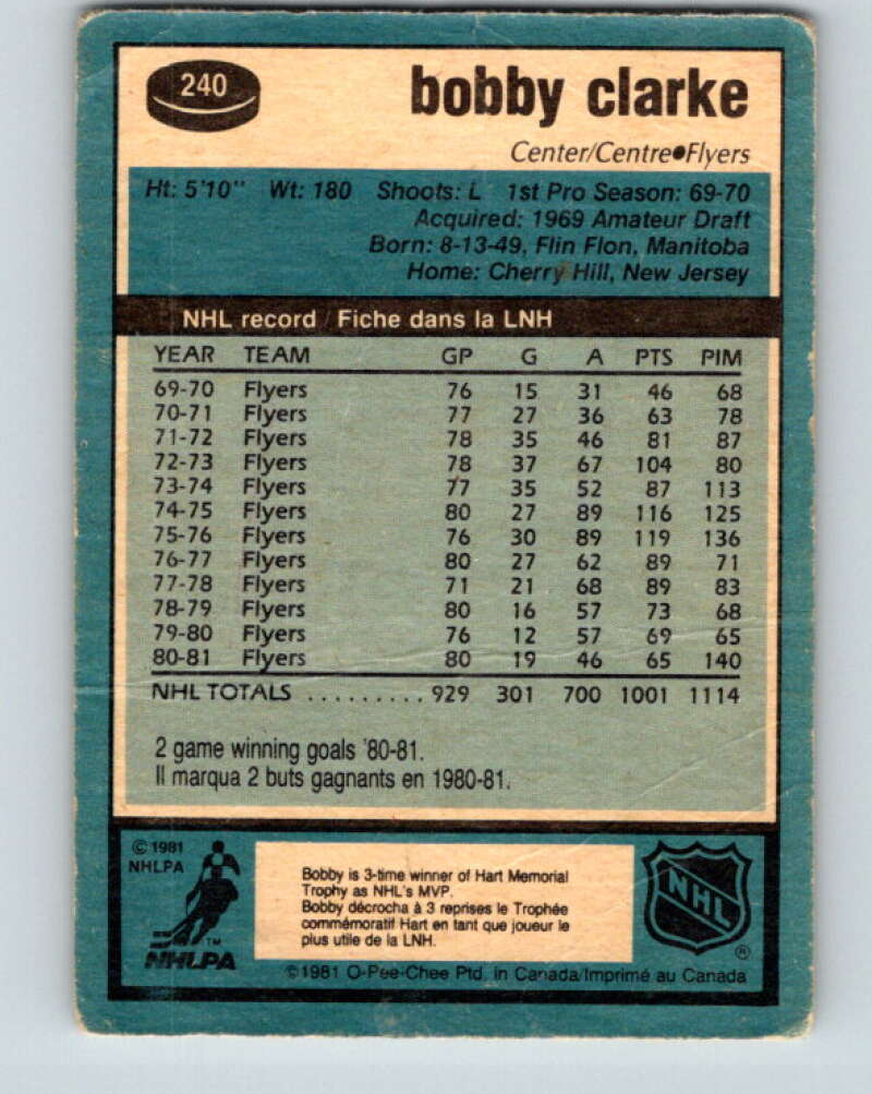 1981-82 O-Pee-Chee #240 Bobby Clarke Philadelphia Flyers V31209