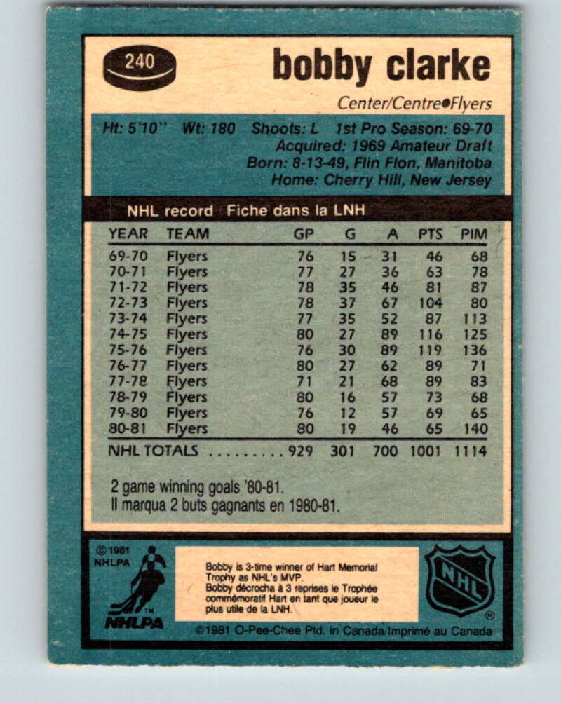 1981-82 O-Pee-Chee #240 Bobby Clarke Philadelphia Flyers V31212