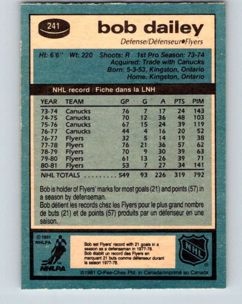 1981-82 O-Pee-Chee #241 Bob Dailey Philadelphia Flyers V31213