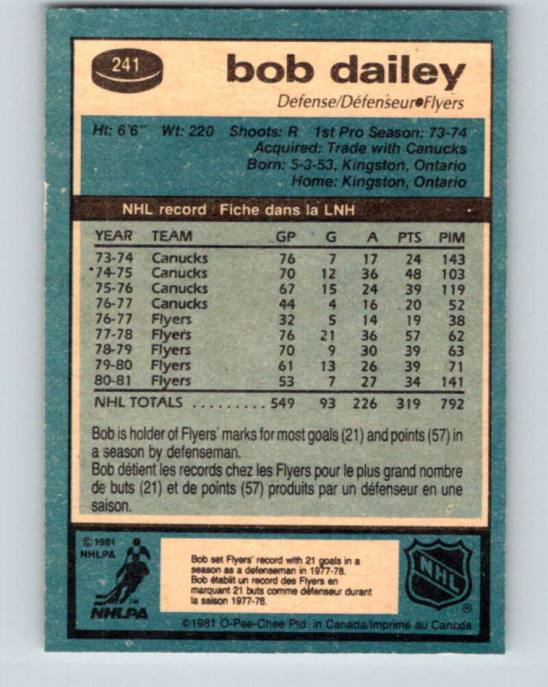 1981-82 O-Pee-Chee #241 Bob Dailey Philadelphia Flyers V31215