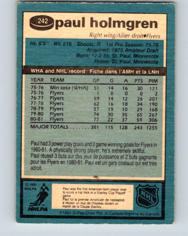 1981-82 O-Pee-Chee #242 Paul Holmgren Philadelphia Flyers V31217