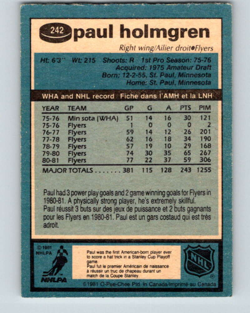 1981-82 O-Pee-Chee #242 Paul Holmgren Philadelphia Flyers V31218
