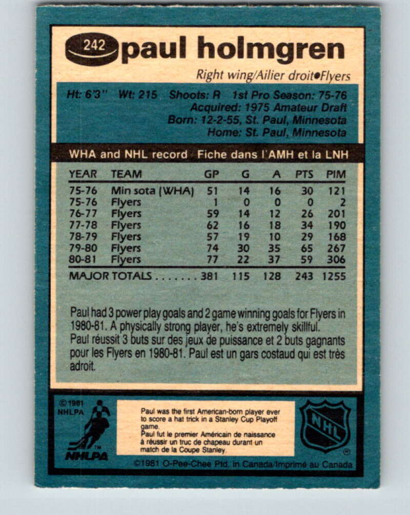 1981-82 O-Pee-Chee #242 Paul Holmgren Philadelphia Flyers V31219