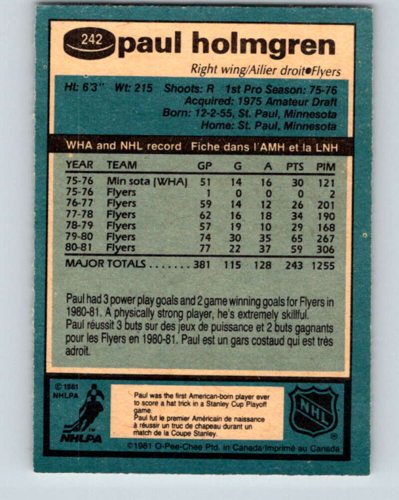 1981-82 O-Pee-Chee #242 Paul Holmgren Philadelphia Flyers V31220