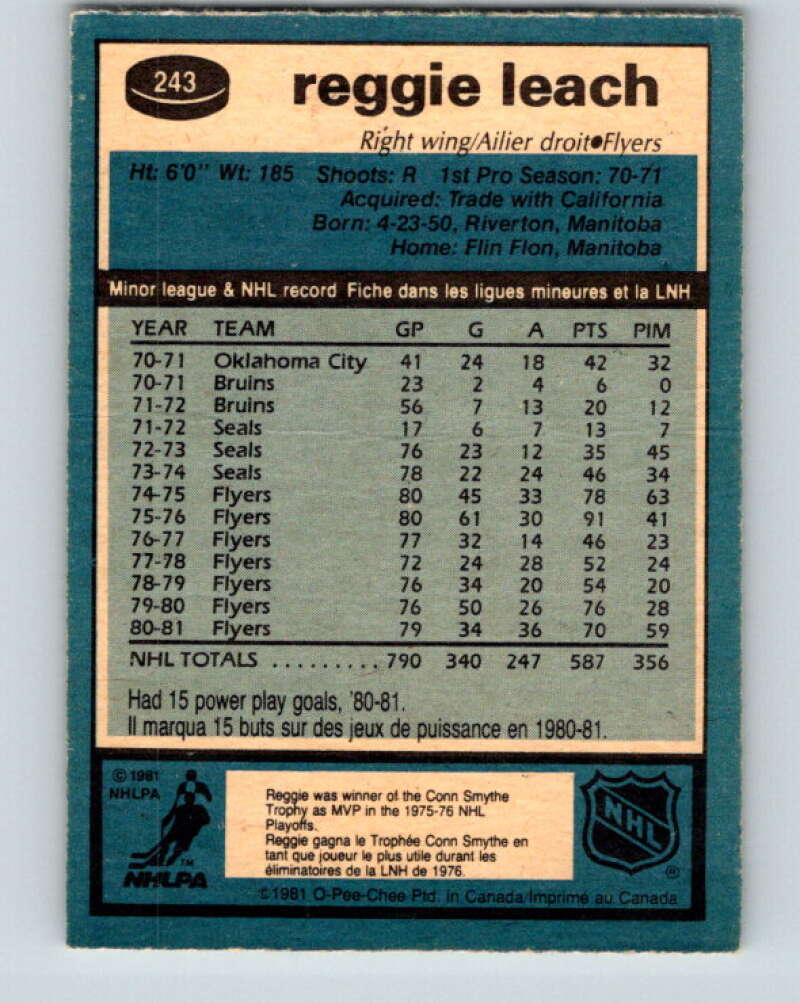 1981-82 O-Pee-Chee #243 Reggie Leach Philadelphia Flyers V31222