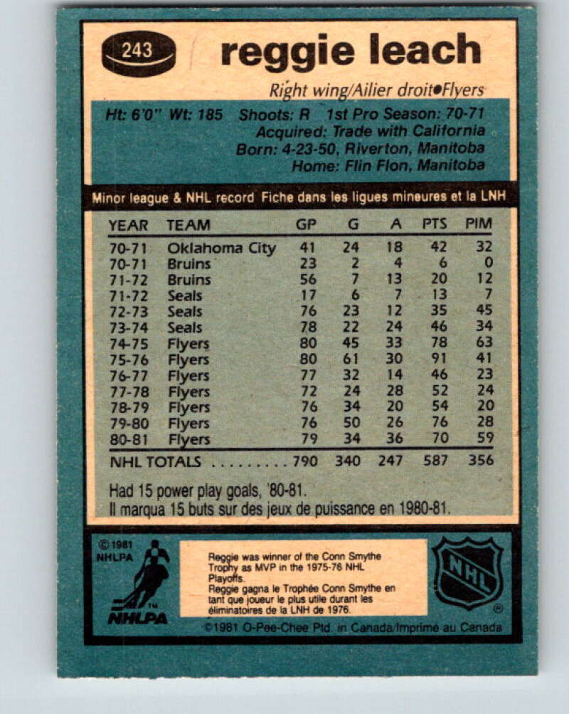 1981-82 O-Pee-Chee #243 Reggie Leach Philadelphia Flyers V31227