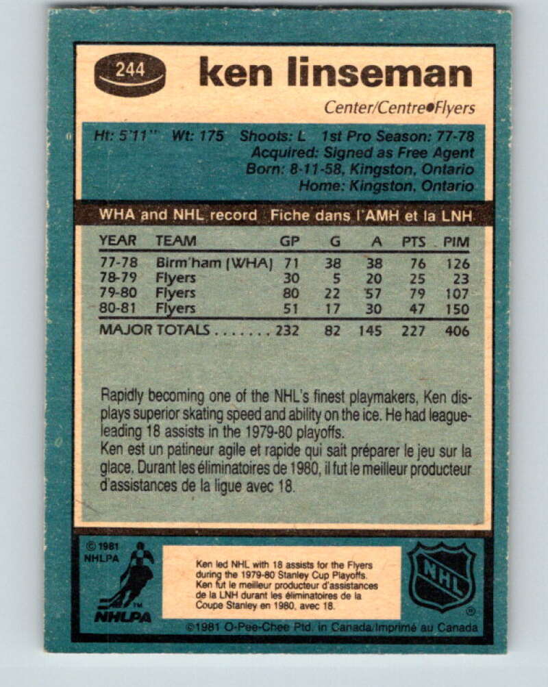 1981-82 O-Pee-Chee #244 Ken Linseman Philadelphia Flyers V31231