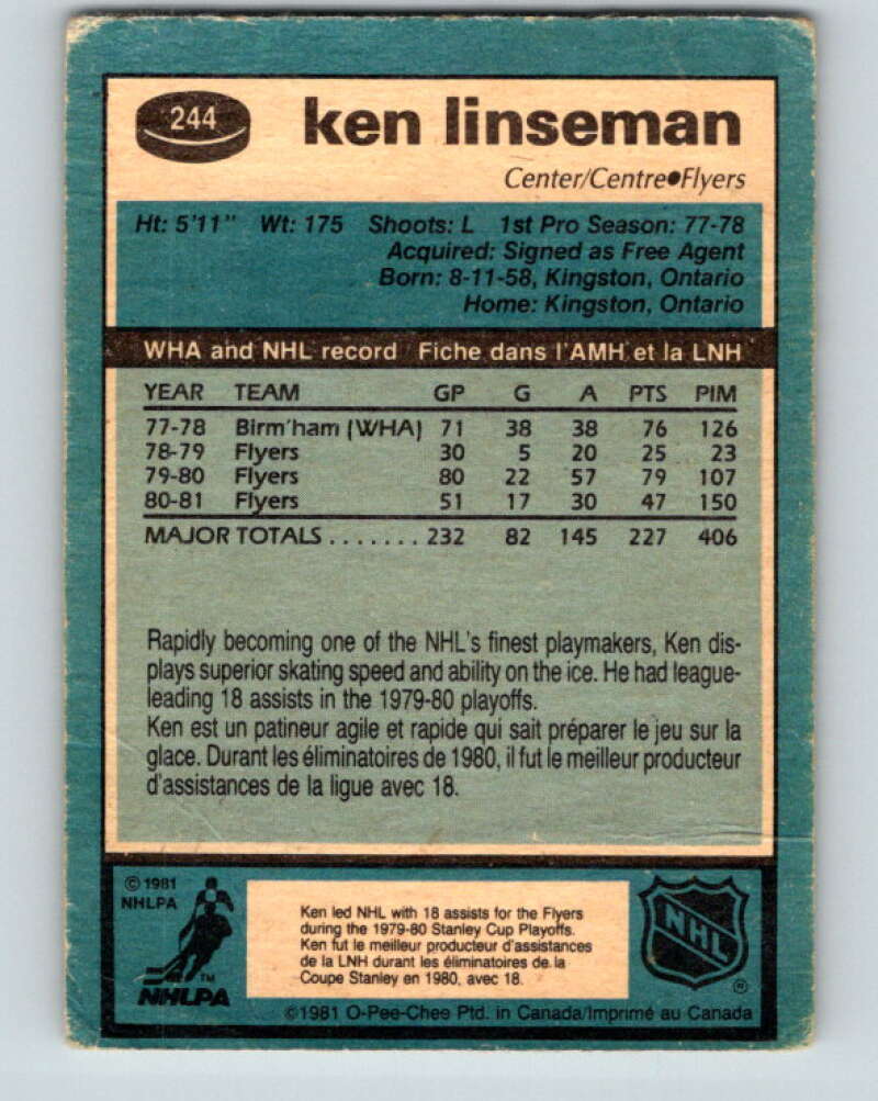 1981-82 O-Pee-Chee #244 Ken Linseman Philadelphia Flyers V31233
