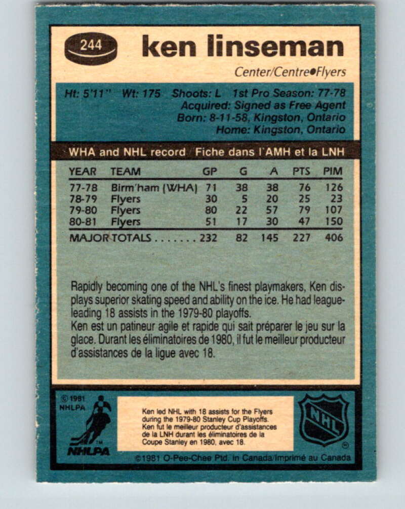1981-82 O-Pee-Chee #244 Ken Linseman Philadelphia Flyers V31236