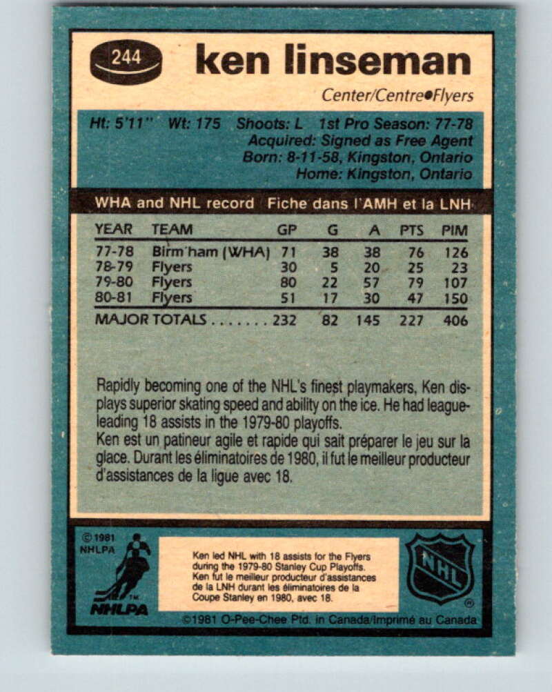 1981-82 O-Pee-Chee #244 Ken Linseman Philadelphia Flyers V31238