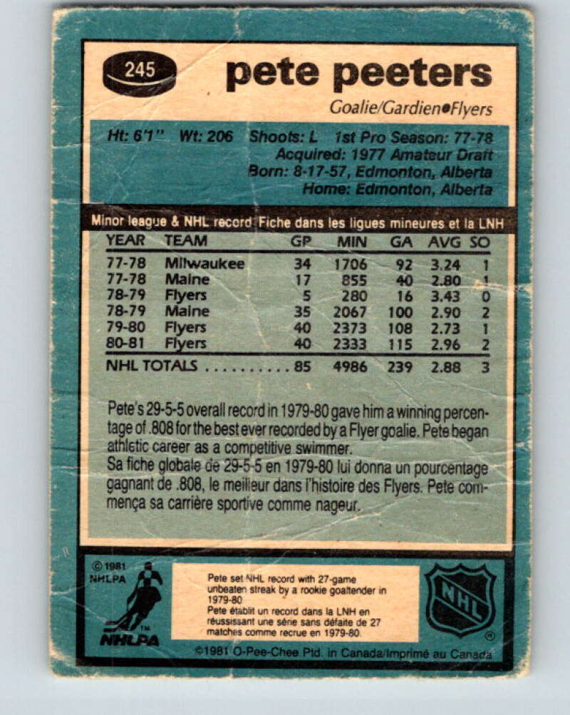 1981-82 O-Pee-Chee #245 Pete Peeters Philadelphia Flyers V31242