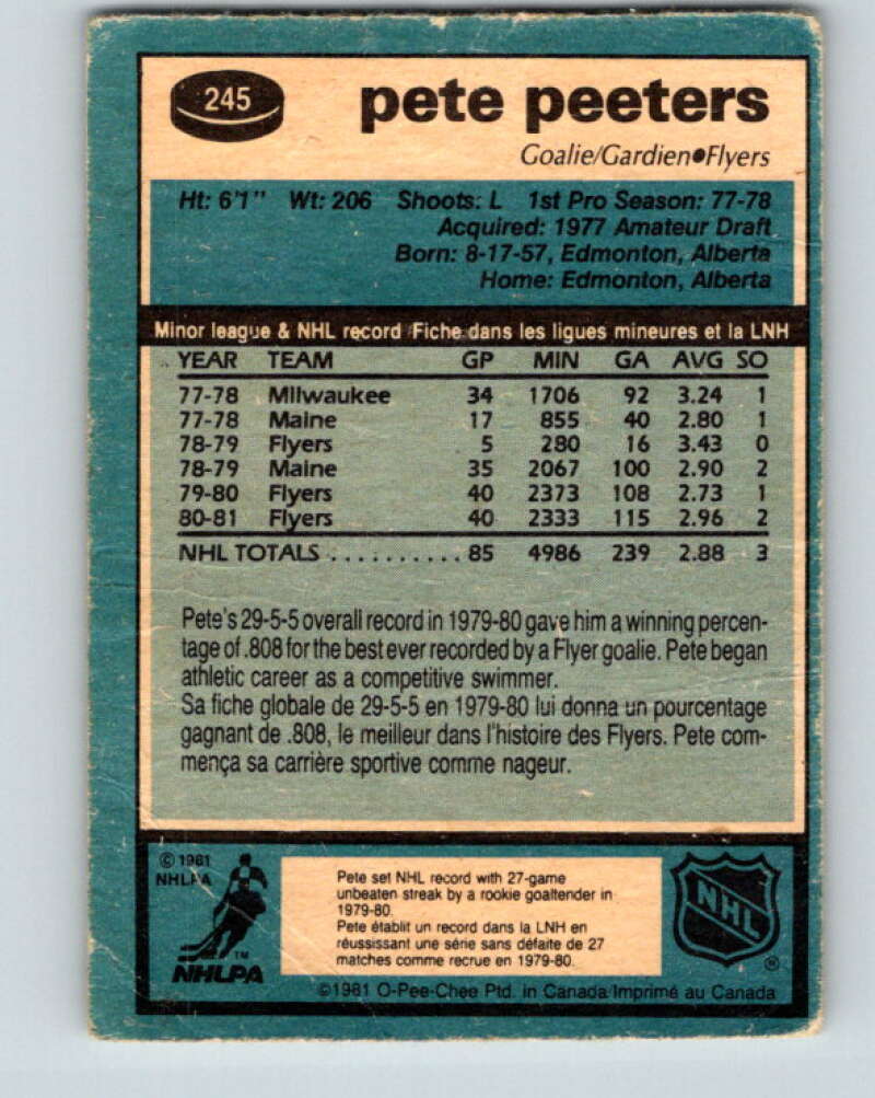 1981-82 O-Pee-Chee #245 Pete Peeters Philadelphia Flyers V31244