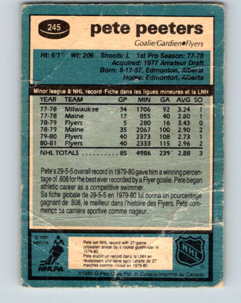 1981-82 O-Pee-Chee #245 Pete Peeters Philadelphia Flyers V31245