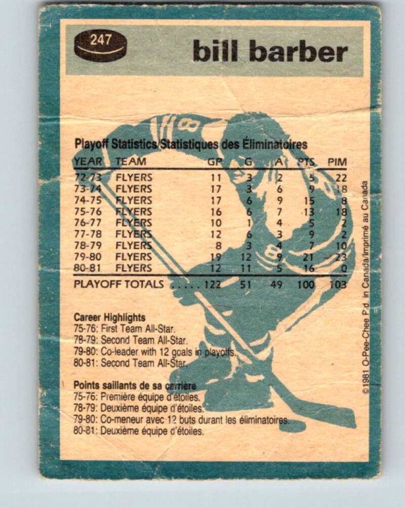 1981-82 O-Pee-Chee #247 Bill Barber Philadelphia Flyers V31255