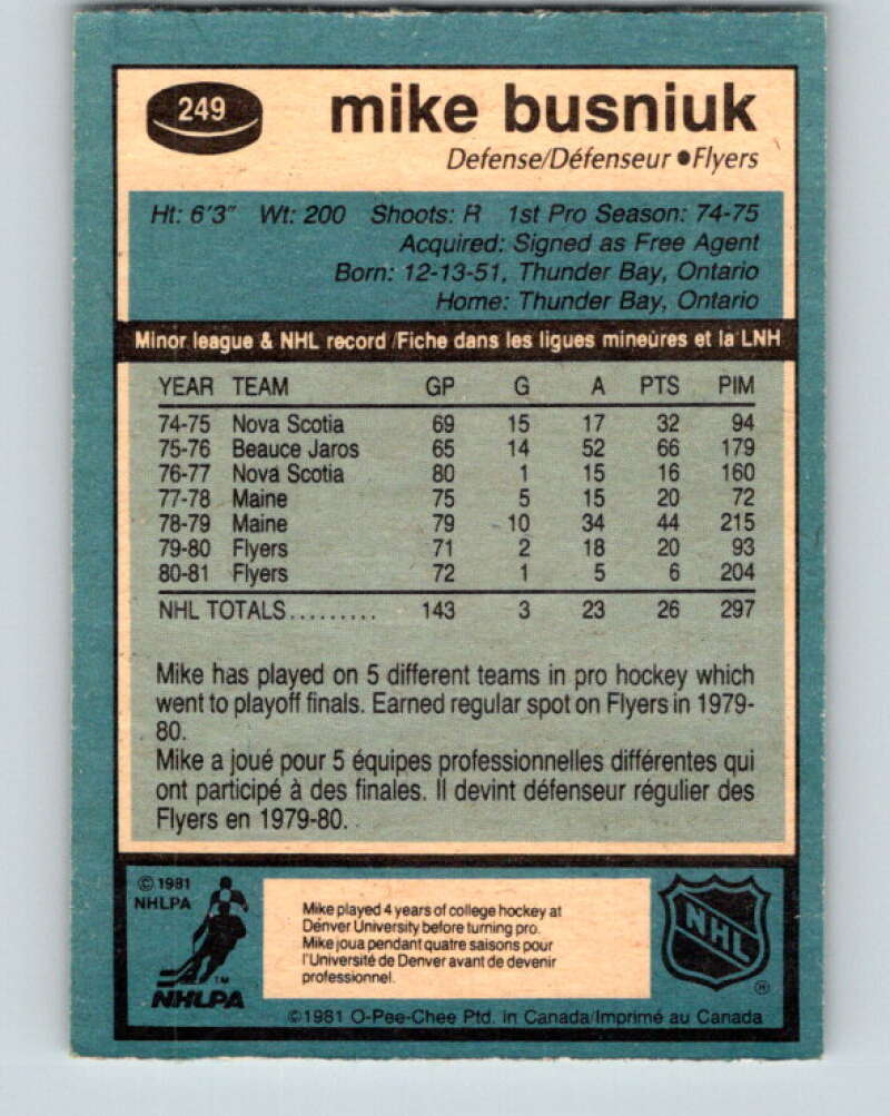 1981-82 O-Pee-Chee #249 Mike Busniuk Philadelphia Flyers V31266