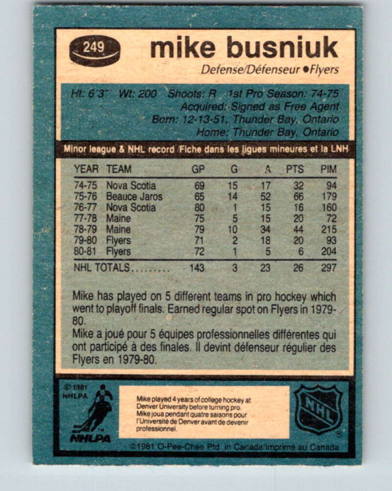 1981-82 O-Pee-Chee #249 Mike Busniuk Philadelphia Flyers V31269
