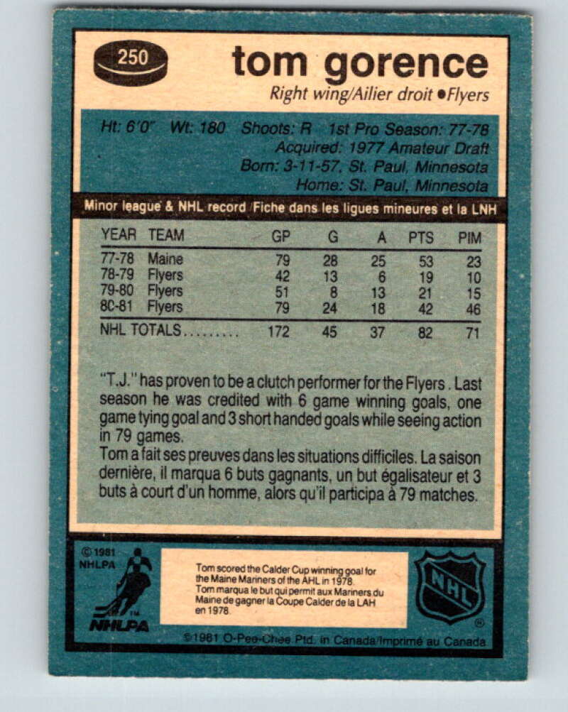 1981-82 O-Pee-Chee #250 Tom Gorence Philadelphia Flyers V31271