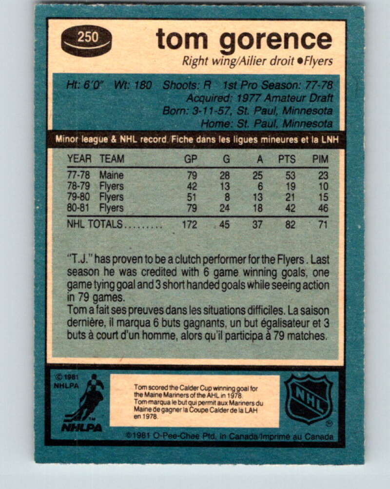 1981-82 O-Pee-Chee #250 Tom Gorence Philadelphia Flyers V31272