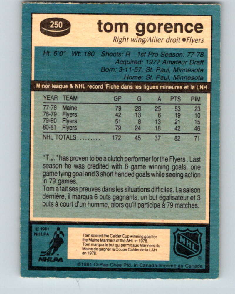 1981-82 O-Pee-Chee #250 Tom Gorence Philadelphia Flyers V31275