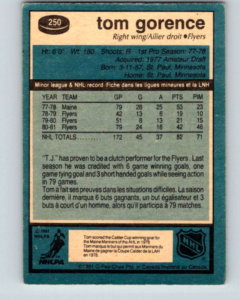 1981-82 O-Pee-Chee #250 Tom Gorence Philadelphia Flyers V31278