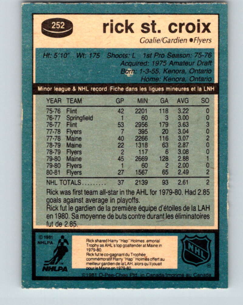 1981-82 O-Pee-Chee #252 Rick St. Croix RC Rookie Philadelphia Flyers V31282