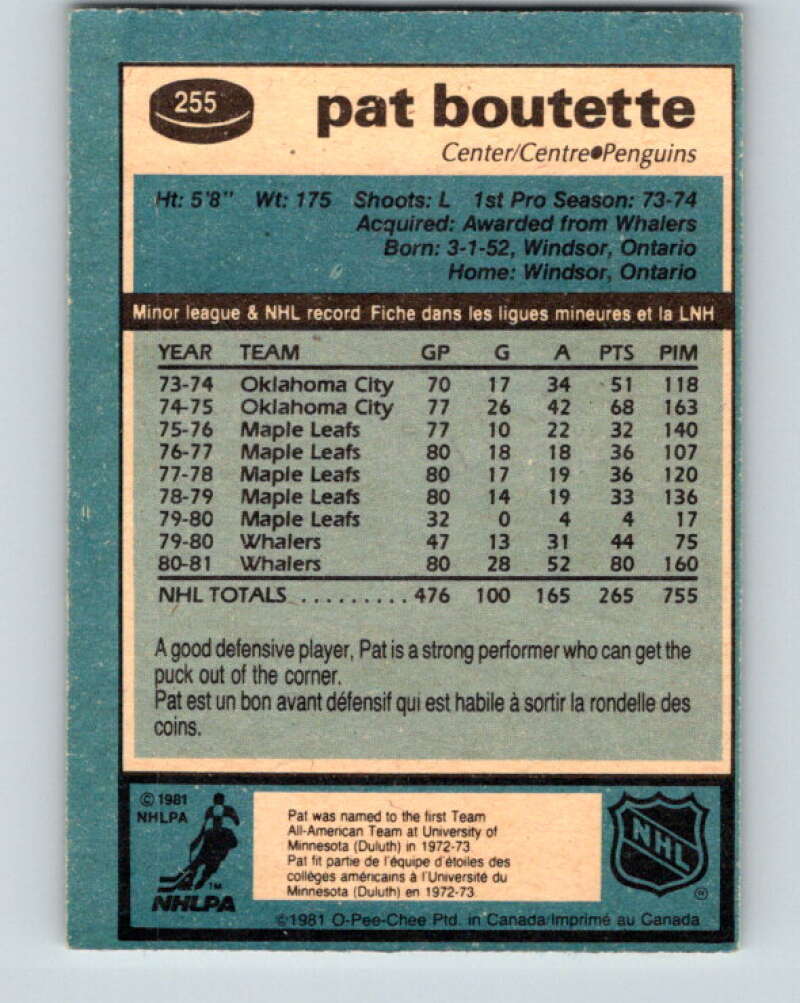1981-82 O-Pee-Chee #255 Pat Boutette Pittsburgh Penguins V31295