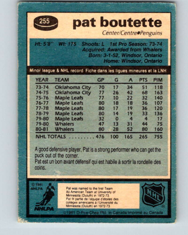 1981-82 O-Pee-Chee #255 Pat Boutette Pittsburgh Penguins V31298