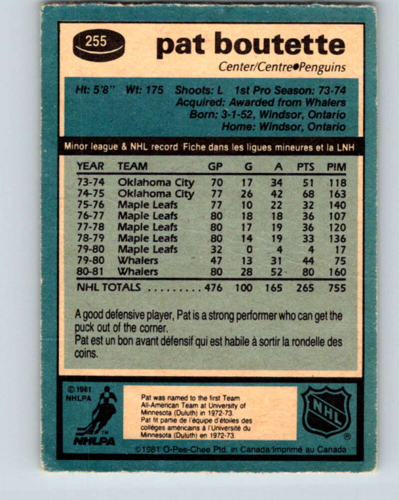 1981-82 O-Pee-Chee #255 Pat Boutette Pittsburgh Penguins V31299