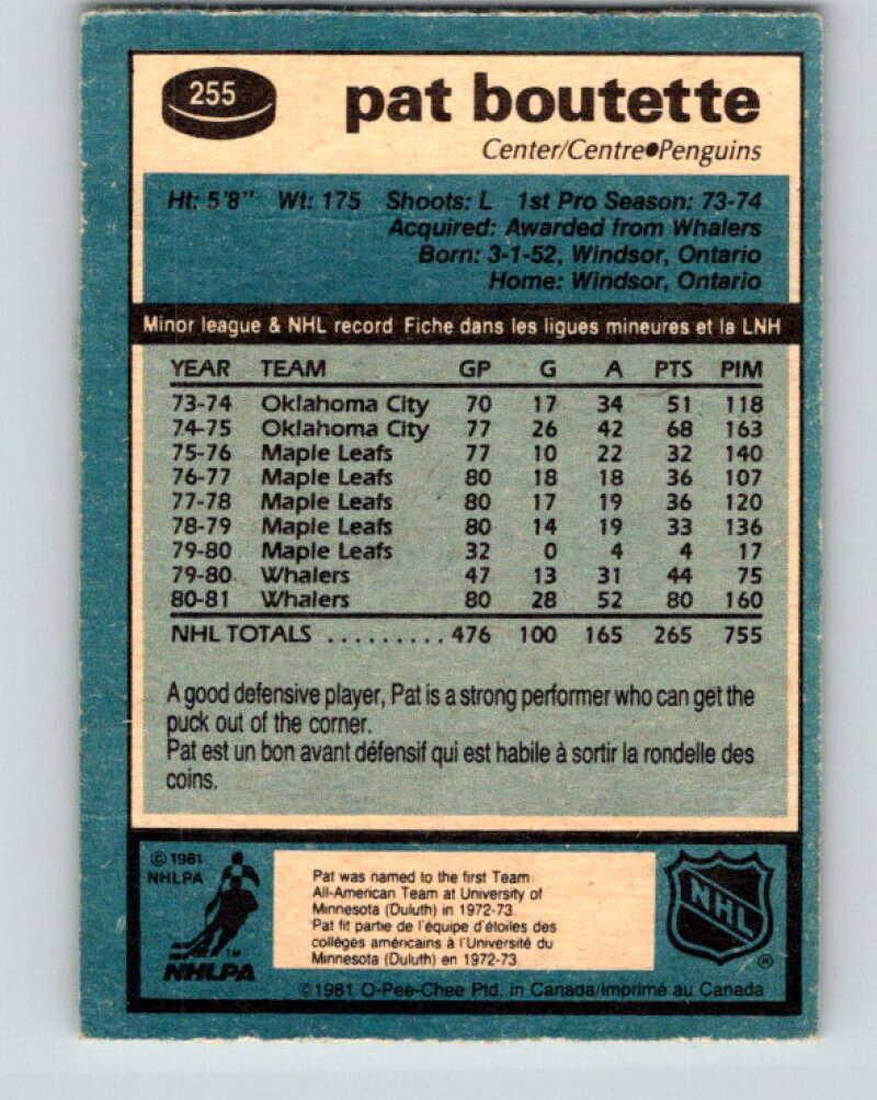 1981-82 O-Pee-Chee #255 Pat Boutette Pittsburgh Penguins V31300