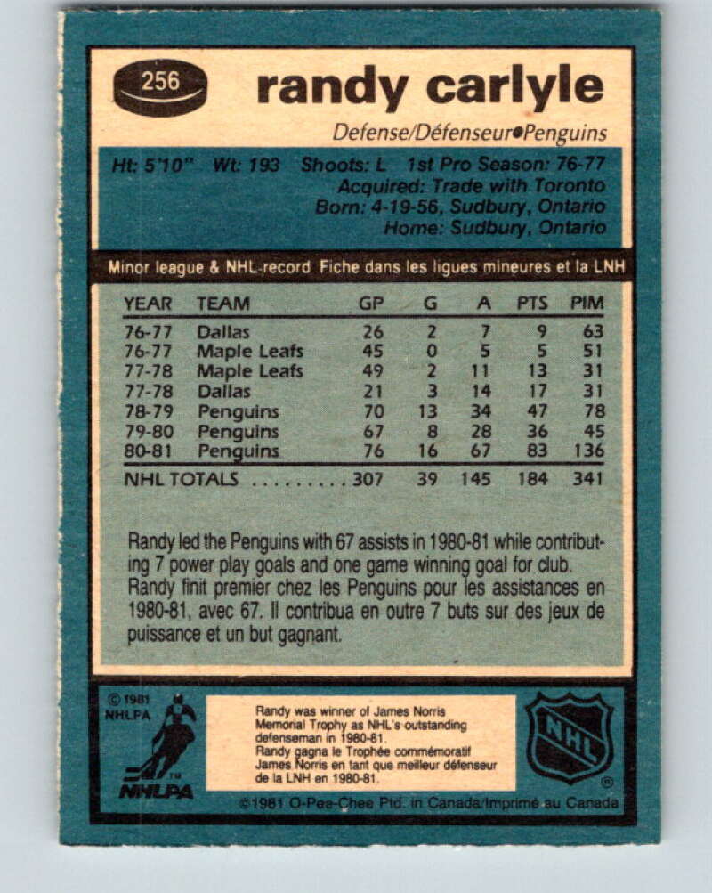 1981-82 O-Pee-Chee #256 Randy Carlyle Pittsburgh Penguins V31306