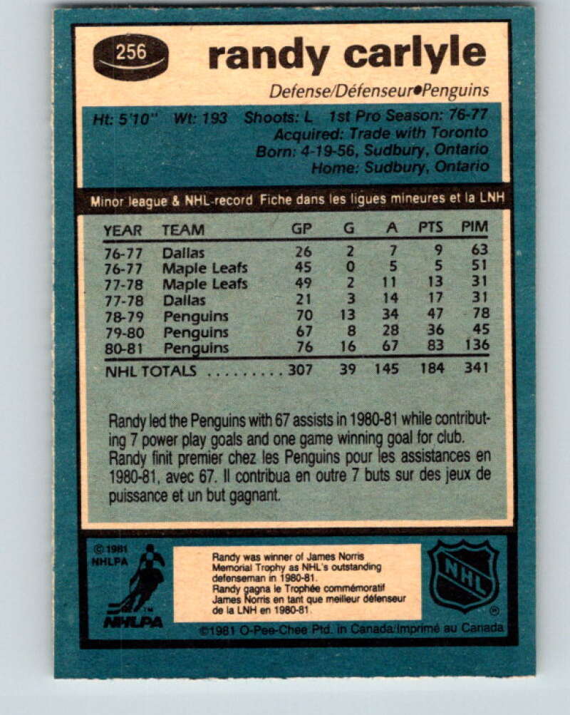 1981-82 O-Pee-Chee #256 Randy Carlyle Pittsburgh Penguins V31307
