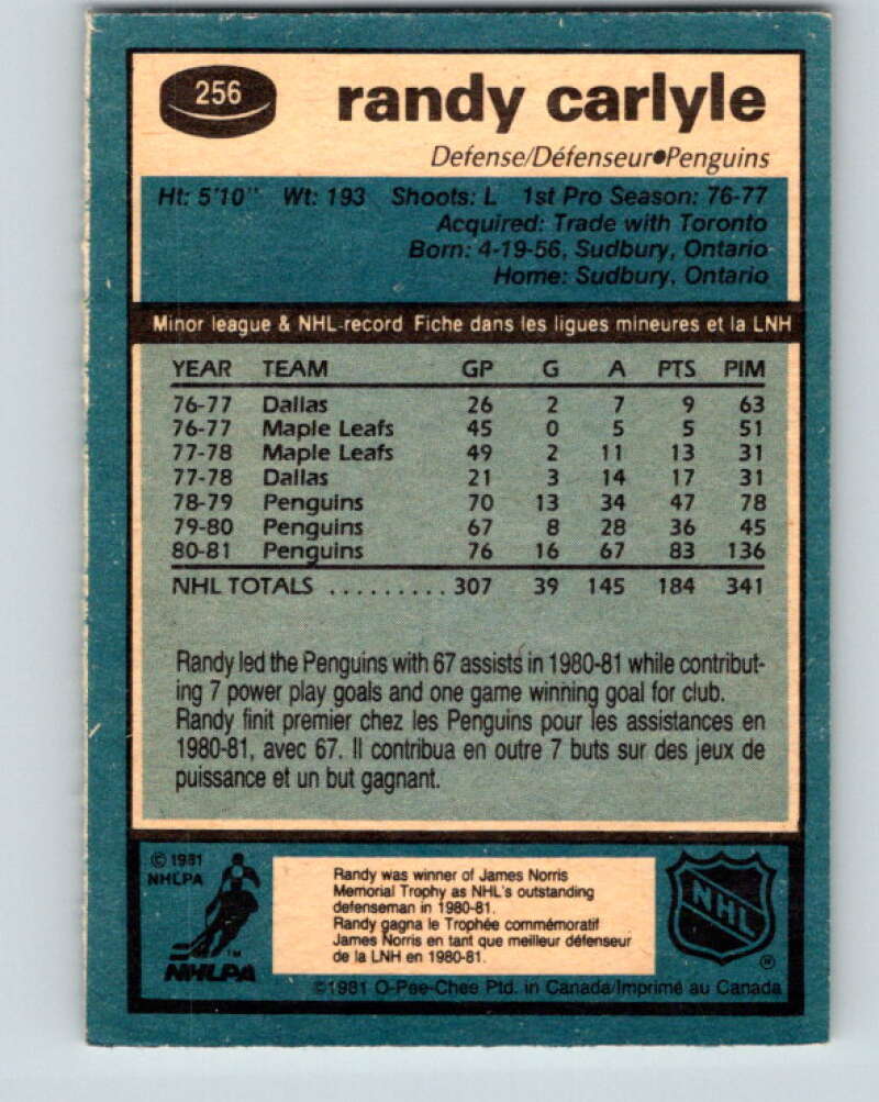 1981-82 O-Pee-Chee #256 Randy Carlyle Pittsburgh Penguins V31309