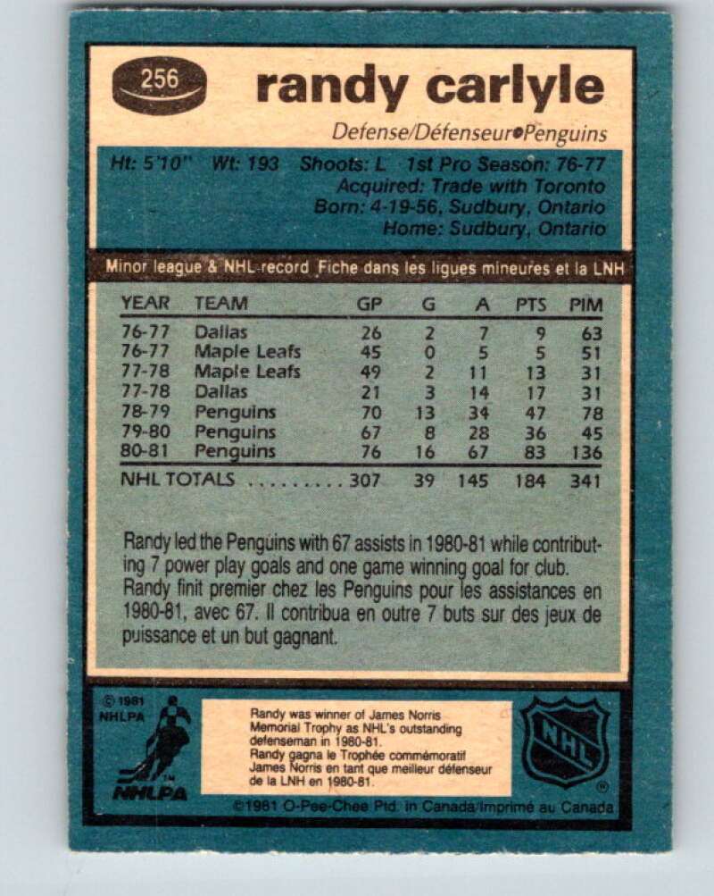 1981-82 O-Pee-Chee #256 Randy Carlyle Pittsburgh Penguins V31310