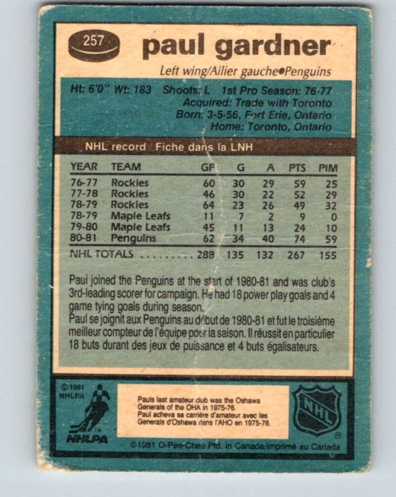 1981-82 O-Pee-Chee #257 Paul Gardner Pittsburgh Penguins V31312