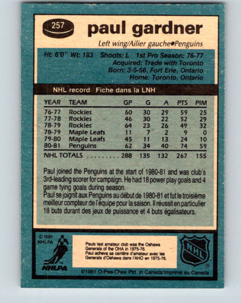 1981-82 O-Pee-Chee #257 Paul Gardner Pittsburgh Penguins V31313