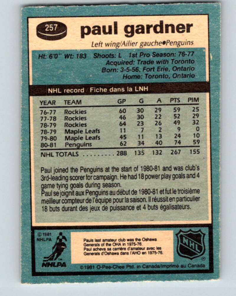 1981-82 O-Pee-Chee #257 Paul Gardner Pittsburgh Penguins V31315