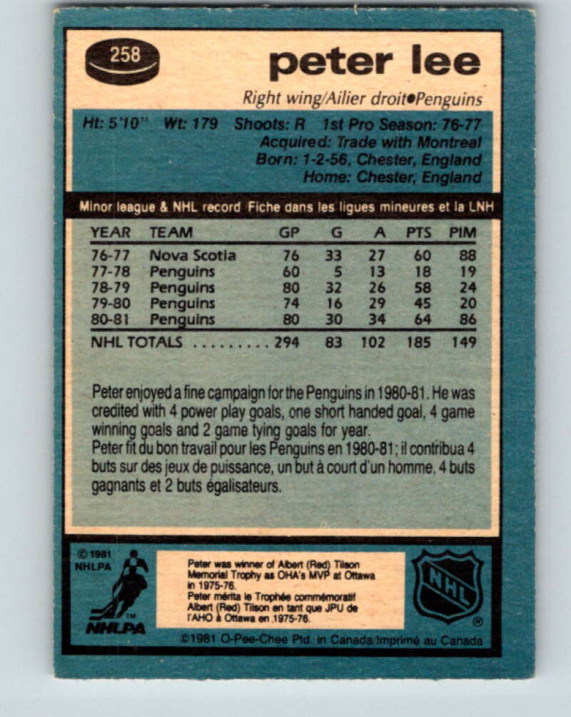 1981-82 O-Pee-Chee #258 Peter Lee Pittsburgh Penguins V31316