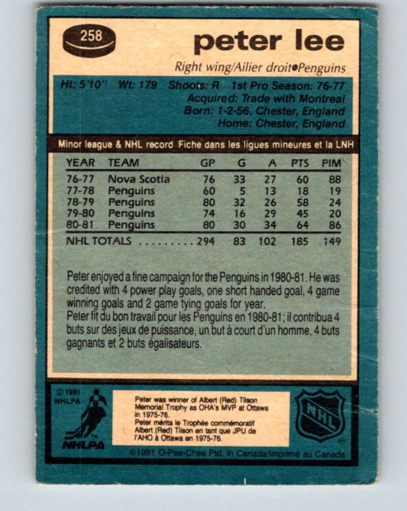 1981-82 O-Pee-Chee #258 Peter Lee Pittsburgh Penguins V31317