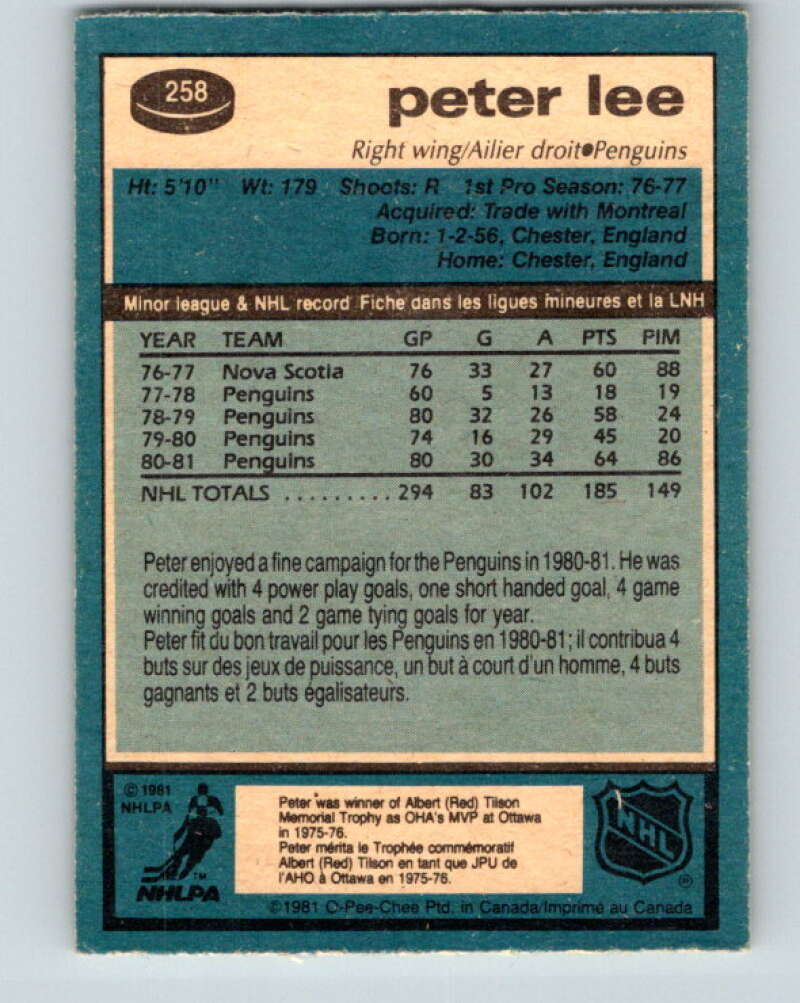 1981-82 O-Pee-Chee #258 Peter Lee Pittsburgh Penguins V31318