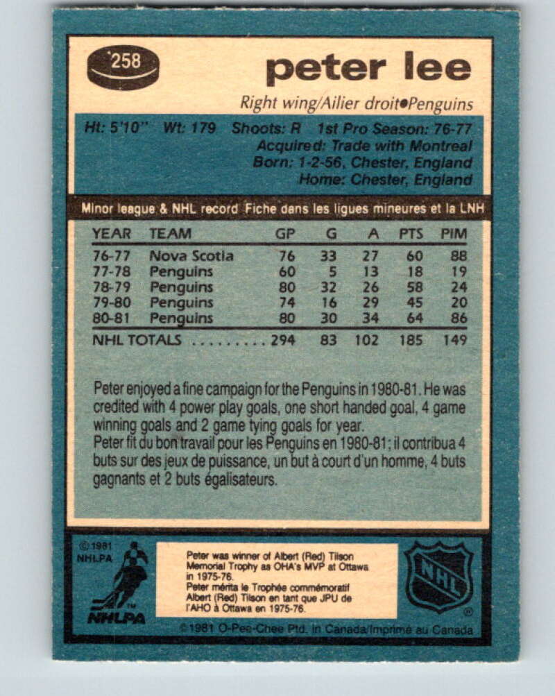1981-82 O-Pee-Chee #258 Peter Lee Pittsburgh Penguins V31319