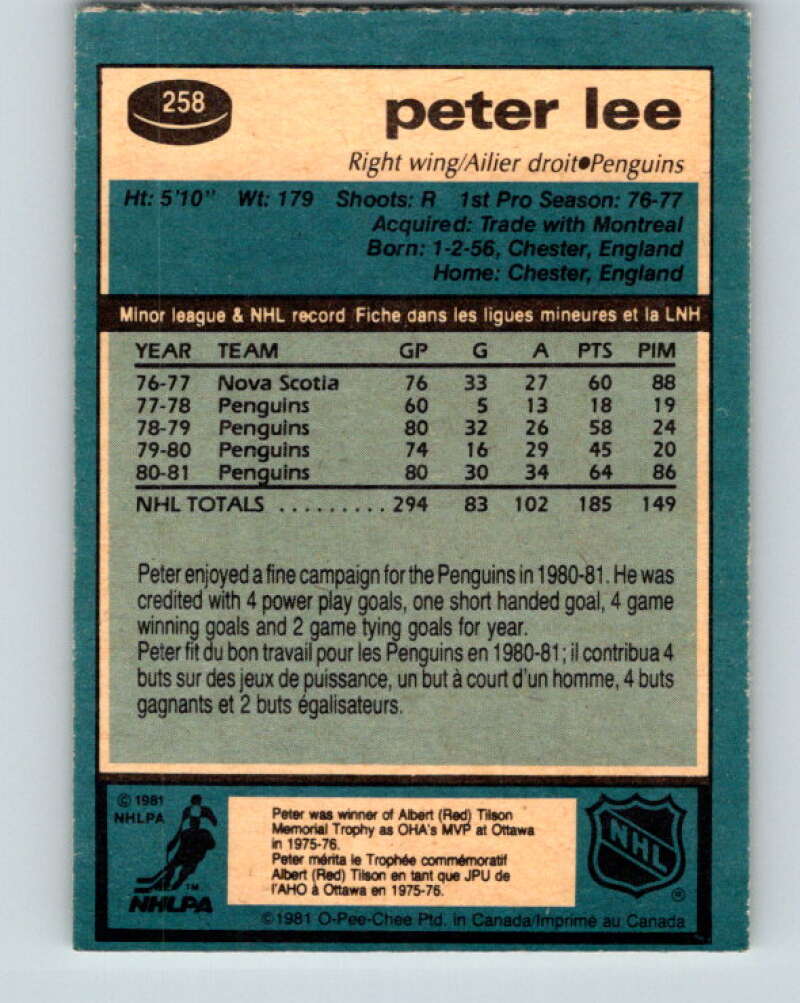 1981-82 O-Pee-Chee #258 Peter Lee Pittsburgh Penguins V31321